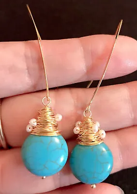 £6.99 • Buy Vintage Art Style Turquoise And Pearls Earrings 14K Gold Plated