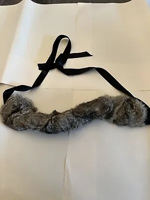 100% Rabbit Fur Tie On Collar Gray With Wide Black Ribbon 17 X 4 Inches • $22.09