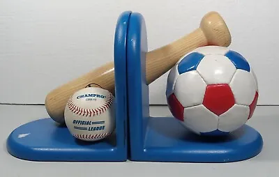 Wooden Bookends Baseball Soccer Sports Blue Kids Room • $22.95