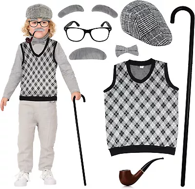Old Man Costume For Kids Ages 10-12 Years Size Large With Vest Cane 8Pcs Set • $14.49