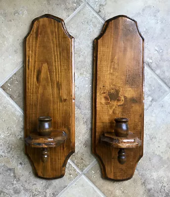 Vintage Hand Crafted Pair Rustic Wooden Wall Sconce Candle Holders 18  Tall • $36