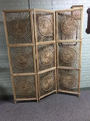 Vtg Wicker Tattan Room Divider 3 Panel Screen Sunburst Design Boho 70’s • $375