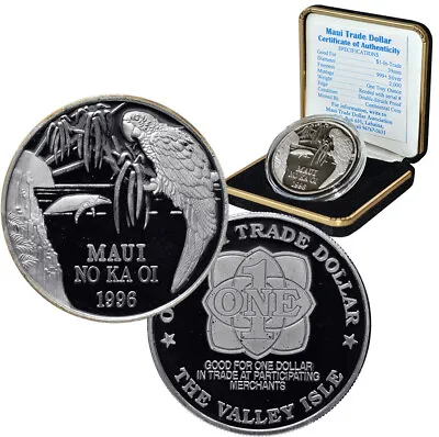 HAWAII Maui Trade Dollar 1996 1 Oz Silver Proof 'Parrot & Whale' Box/CoA #213 • $104.99