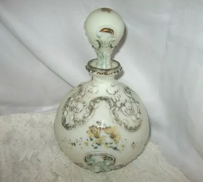 Victorian White Milk Glass Cologne Barber Embossed Flowers Bottle #2 Vanity • $17.49