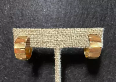 Vintage Crown Trifari Gold Tone Patterned Hoop Clip-On Earrings - Signed • $14