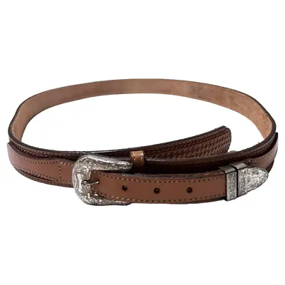 E&H Belt Mens 44 Cowhide Leather Brown Adjustable Western Basketweave Buckle • $19.95