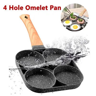 4 Round Hole Frying Pan Non-stick Egg Burger Ham Pans Dual With Wooden Handle UK • £9.49