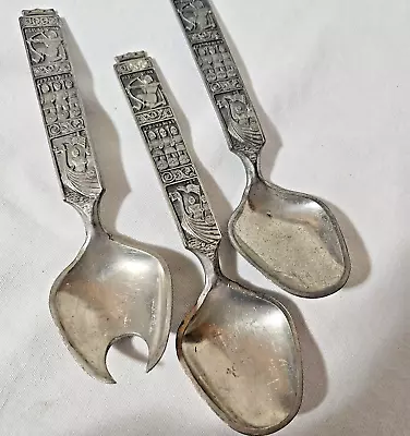 Vtg Tinn Pewter Norway Viking Olav 3 Salad Serving Pieces • $37.50