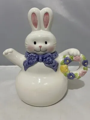 Vintage Hallmark Tea Pot Bunny Rabbit Easter Ceramic W/ Blue Ribbon HMKCDS • $11.21