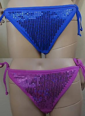 NWT MARIE MEILI Blue Or Violet Sequin Front Tie Side Swim Bikini BottomLXL • £5.69