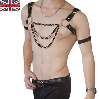 Men Body Harness Strap With Arm Elastic Bands Chest Black Metal Chain Belt Brace • £10.26