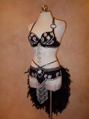 Vegas Showgirl Rhinestone Sequin Feather Burlesque Circus Costume Dress S/M • $324.97