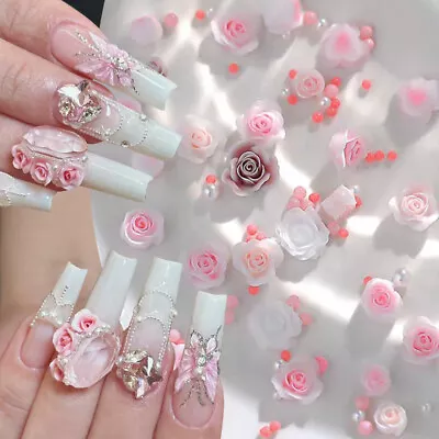 Pink Rose Flower 3D Nail Butterfly Decoration Mixed Colorful Beads Accessories • £1.19
