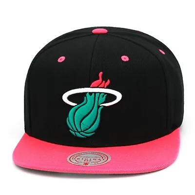 Mitchell & Ness Miami Heat Snapback Hat Cap Black/Pink/Turquoise/South Beach • $39