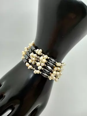 34  Magnetic Hematite Wrap Bracelet White Seed Pearl Accents Silver Tone • $11.96