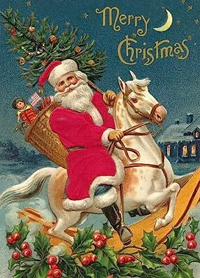 Vintage Style Christmas Card Box Santa Rocking Horse 12 Cards / 12 Envelopes • $25.44