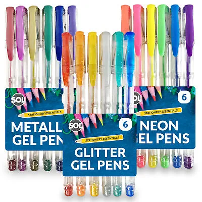 18 Pack Gel Pens Set 3 X 6pk Neon Glitter Metallic For Adult Colouring Book Kids • £3.99