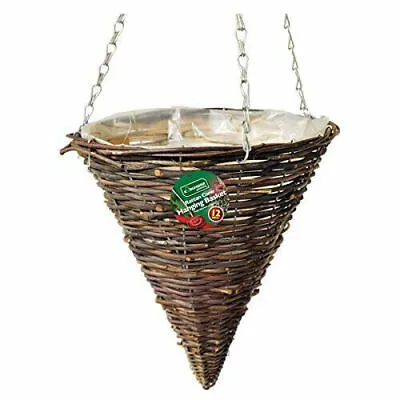 12  30cm Wicker Rattan Cone Hanging Basket Garden Planter With Chain & Liner • £7.75
