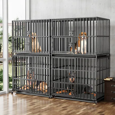 Stackable Heavy Duty Dog Crate Double Layer Animal Pet Kennel Cage Feeding Door • $209.92