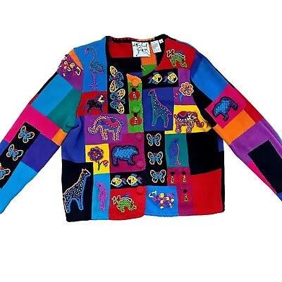Michael Simon New York Sweater Cardigan Color Block Animals 1997 Med Y2K Vintage • $89.99