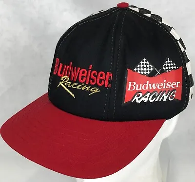 Vintage 90s BUDWEISER RACING CHECKERED SNAPBACK HAT Nascar Hip Hop Beer • $21.24