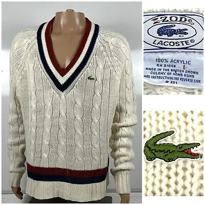 Izod Lacoste Tennis Sweater L Chunky Cable Knit V Neck Golf Cricket Vintage 80s • $140