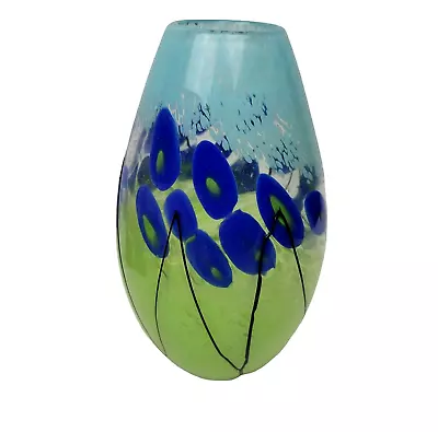 Blue Floral Hand Blown Art Glass Vase Abstract Textured Black Lines Vintage 10  • $68.97