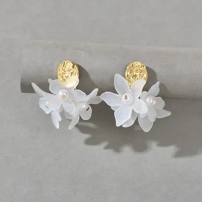 $1.99 • Buy Boho Luxury White Resin Petal Drop Flower Exaggerated Floral Earrings For Women
