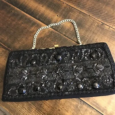 VINTAGE BLACK BEADED Evening Bag Handbag Purse CLUTCH Retro By Caron Of Houston • $19.88