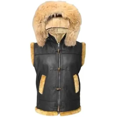 Men's Shearling Real Sheepskin Leather Black Vest Removable Fox Fur Hood Vest • $150