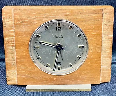 VINTAGE GERMANY MAUTHE TABLE ALARM CLOCK IN BRASS WOOD & GLASS WORKS FINE C1955 • $102.41