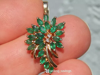 14k Solid Yellow Gold 2.50 Tcw Emerald & Diamond 1.3 Inch Large Necklace Pendant • $695