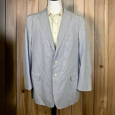 Tom James Sport Coat Blazer Mens 50L Blue White Stripe Seersucker Cotton FLAW • $39.96