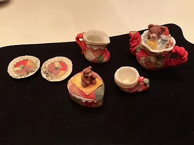 Vintage Miniature Teddy Bear Christmas Tea Set 8pc Quilted Look • $15