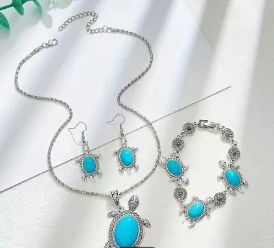 Vintage Boho Style Turquoise Sea Turtle Jewelry Set - 4 Piece - Pendant Necklace • $12