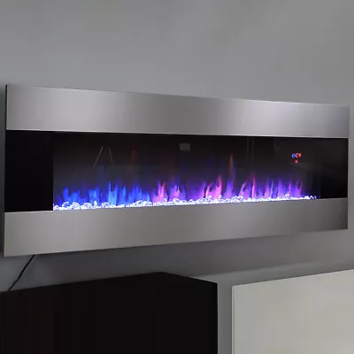 50 60 Inch StainlessSteel Wall Mounted Led Fireplace Flames Electric Heater Fire • £199.95