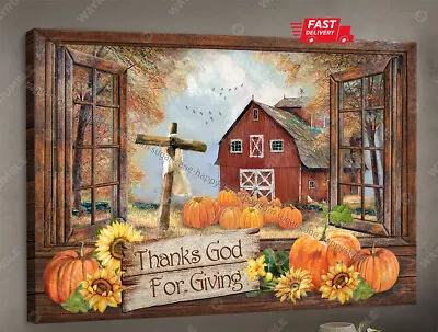 Pumpkin Painting Red Vintage House Wooden Cross Thanks God For Giving - Je... • $14.32