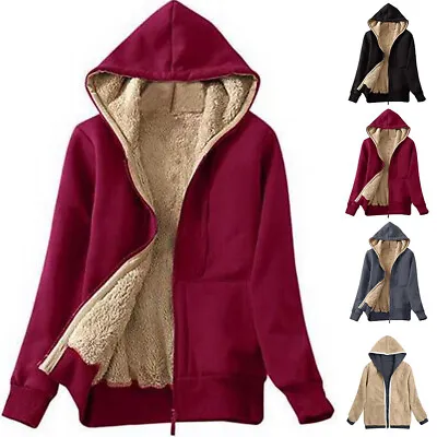 Womens Hooded Jacket Coats Ladies Zip Up Fur Lined Winter Warm Fleece Sweatshirt • £5.89