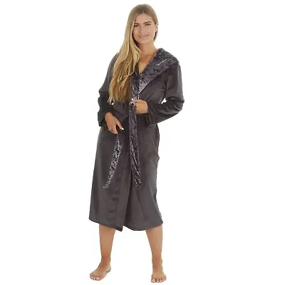 Womens/Ladies Velour Contrast Hooded Robe Dressing Gown Charcoal Grey Size S-XL • £23.95