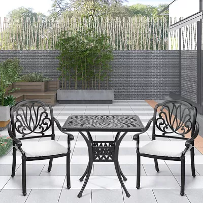 3Pcs Black Cast Aluminium Square Garden Table & Chairs Outdoor Bistro Dining Set • £139.95