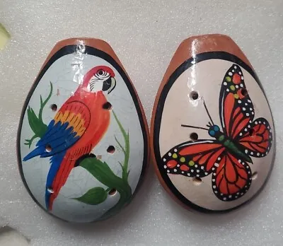 Lot Of 2 Vintage Hand Painted 6 Hole Ocarina Clay Flute Whistle BUTTERFLY PARROT • $18