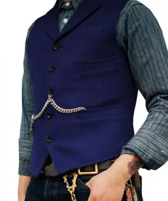 Mens Silm Notch Lapel Fit Vest Wool Blend Herringbone Tweed Waistcoat Vest • $22.90