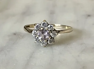 £65 • Buy 9ct Gold Lilac & White CZ Flower Halo Ring Size L
