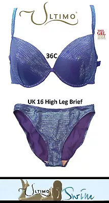 Ultimo Purple/Aqua Triple Liquid Gel Padded Push-up Bikini Set 36C + 16 Brief • £34