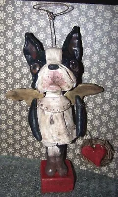 Folk Art Whimsical Boston Terrier Dog Angel Doll Sculpt Vintage Primitive Style • $86.50