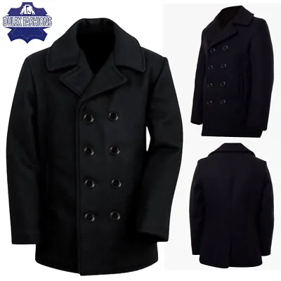 Mens Black US Navy Pea Coat 100% Wool Jacket Double Breasted Warm Overcoat • $89.99