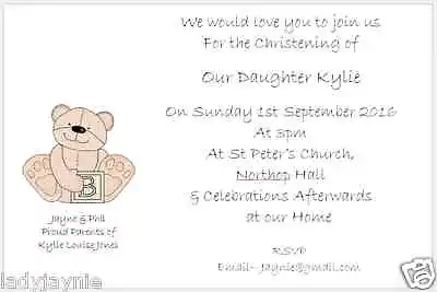 £10 • Buy Christening Invites - Teddy Bear With Baby Block - Postcard Style - Pack Of 10