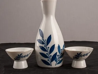 Sake Set White Bottle 2 Cups With Blue Foliage Design Gekkeikan Made In Japan • $20