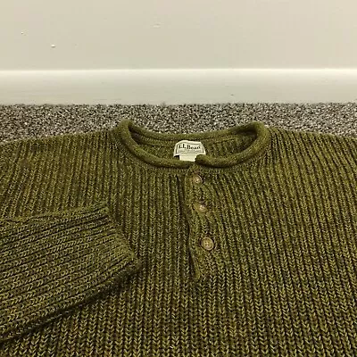 Vintage LL Bean Sweater Roll Neck Henley 1/4 Button Ribbed Green Mens Large • $59.99