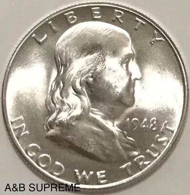 1948 D Franklin Half Dollar  Full Bell Lines  Gem Bu Uncirculated 90% Silver • $64.89